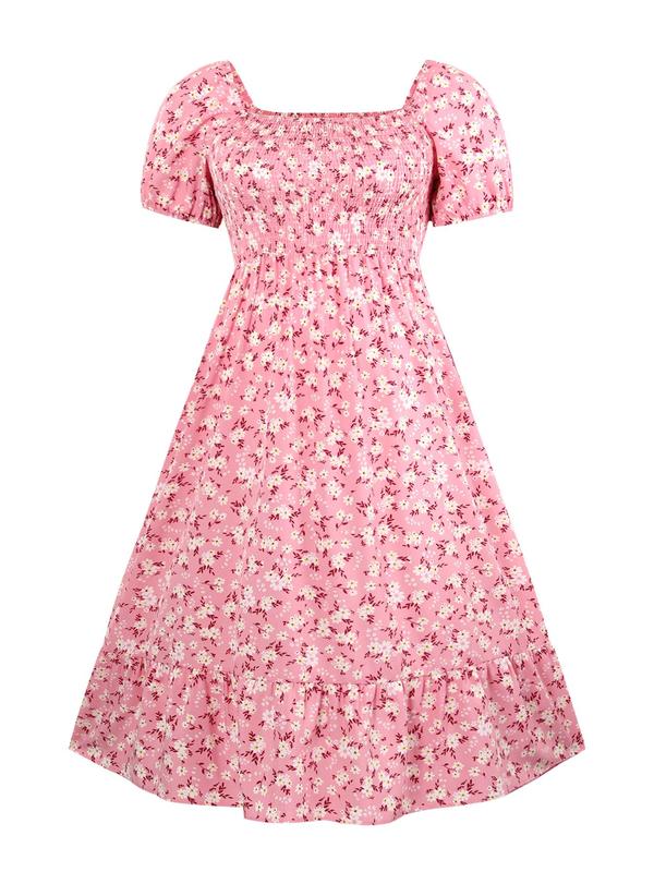  Frenchy Style Ditsy Floral Print Puff Sleeve A Line Maxi Vintage Dress, Square Neck Shirred Dress, Back To School Outfits, Summer Dresses 2024, Dresses for Women, Plus Size Women's Clothing,  Plus Size Fall Clothing