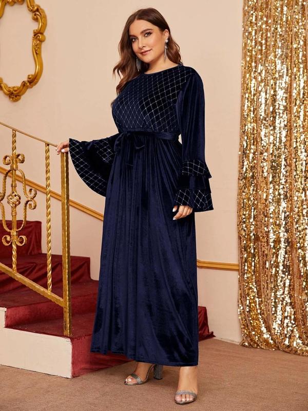  Rhombus Pattern Belted Velvet Dress, Elegant Layered Sleeve Round Neck A Line Dress for Party Evening Formal Occasions, Women's Clothes for Spring & Fall