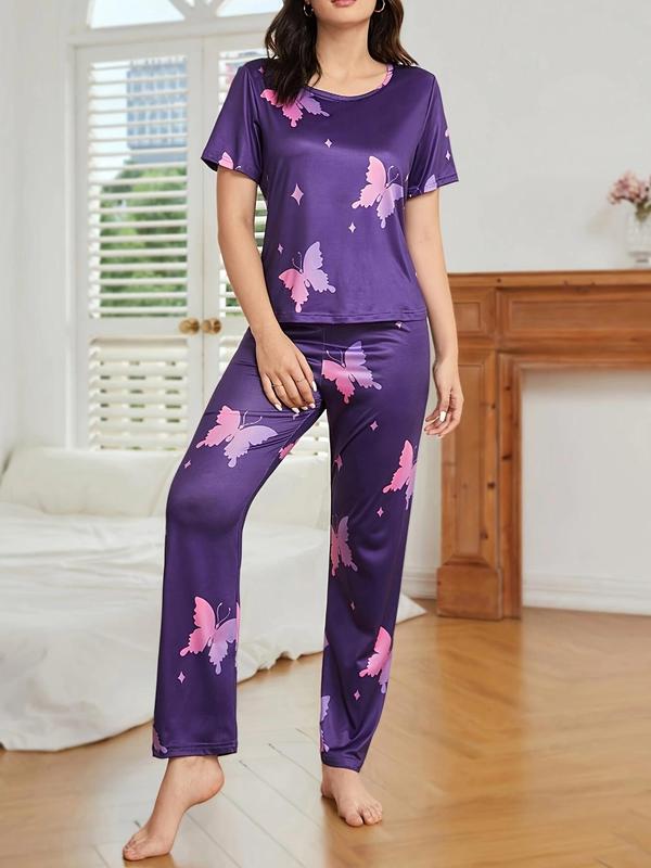 Two-Piece Set Women's Butterfly Print Crew Neck Sleep Tee & Elastic Waist Pants Pyjama, Casual Comfy Round Neck Short Sleeve T-Shirt & Trousers PJ Set, Ladies Sleepwear for All Seasons