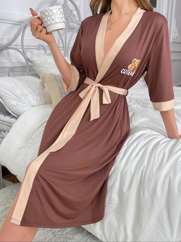 Women's Cartoon Bear Print Contrast Binding Belted Lounge Robe, Casual Drop Shoulder V Neck Half Sleeve Midi Robe, Ladies Sleepwear for Spring & Fall