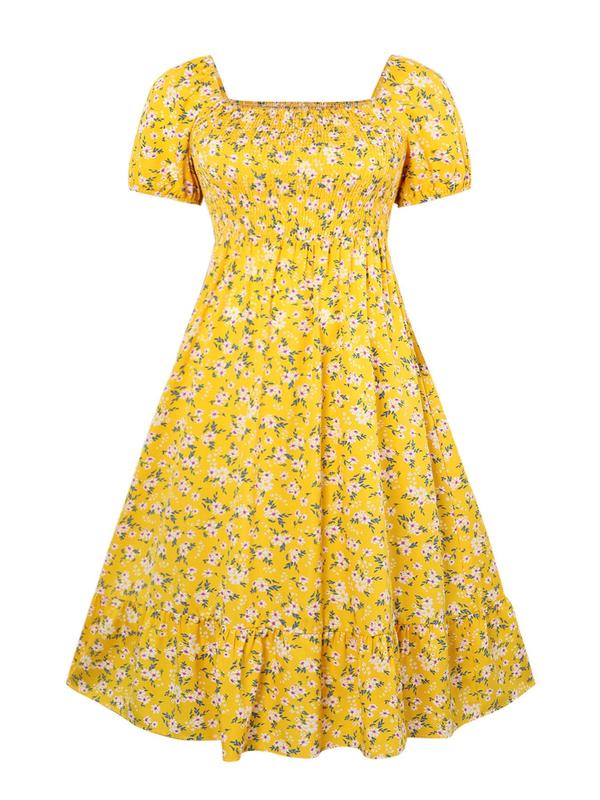  Frenchy Style Ditsy Floral Print Puff Sleeve A Line Maxi Vintage Dress, Square Neck Shirred Dress, Back To School Outfits, Summer Dresses 2024, Dresses for Women, Plus Size Women's Clothing,  Plus Size Fall Clothing