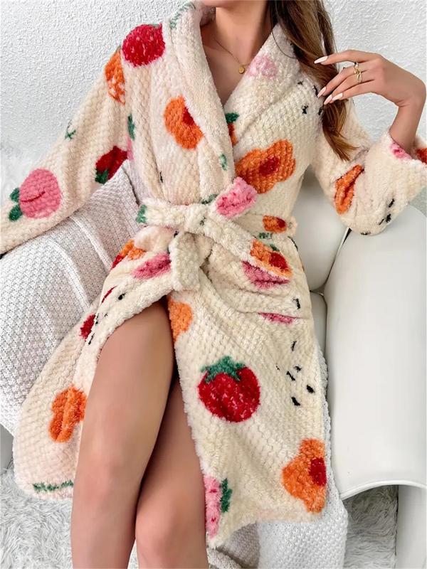 Women's Floral & Fruits Print Textured Pocket Bathrobe, Casual Long Sleeve Shawl Collar Neckline Dressing Gown, Women's Sleepwear for Fall & Winter