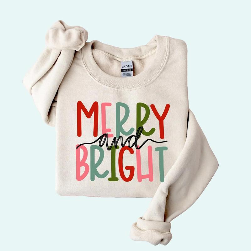 Merry and Bright Christmas Sweatshirt T-Shirt – Colorful Family Christmas Crewneck, Girly Holiday Sweater, Unisex Gift for Her in Full Sizes & Colors, Perfect Festive Top for Holiday Cheer