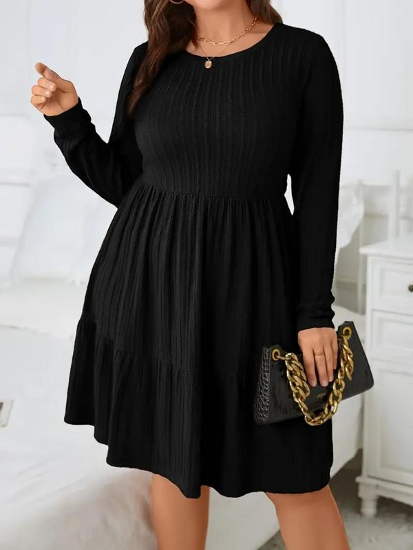 Plus Size Textured Ruffle Hem Pocket A Line Dresses for Women, Elegant Long Sleeve Round Neck Dress for Fall & Winter, Dresses for Women, Birthday Dresses 2024, Gift Set, Plus Size Women's Clothing for Daily Vacation Party