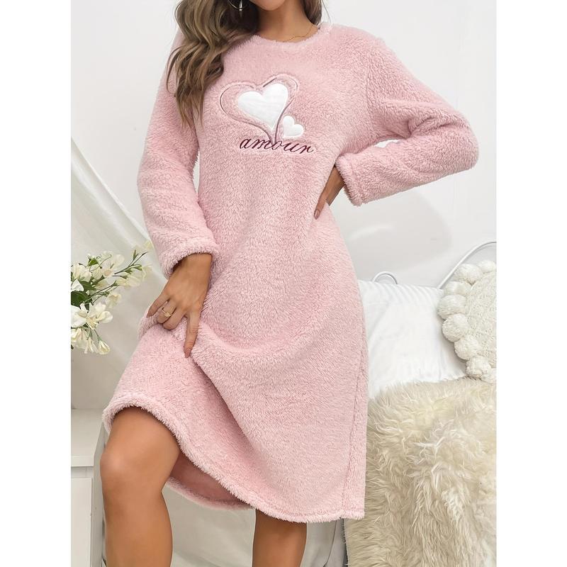 2024 Autumn and Winter Pink Love Flannel Long-Sleeved Thickened Nightdress Pullover Mid-Length Cute Loungewear Nightwear Womenswear