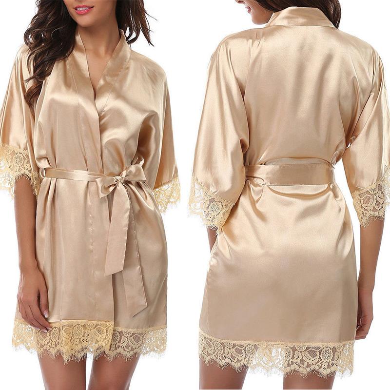 Women's Night Robes, Medium Sleeve Lace Smooth Robes, Bridesmaid Bridal Party Satin Robes, Sleepwear with Removable Waist Belt Satin Belted Loungewear