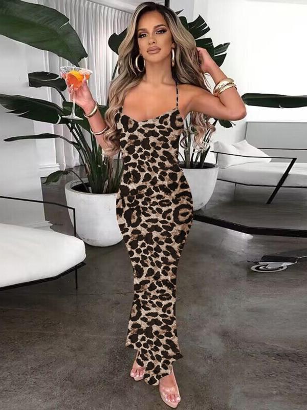 Women's Leopard Print Criss Cross Backless Cami Mermaid Dress, Fashion Sleeveless Tie Back Long Dress For Party Club Dating Wear, Sundress, Bodycon Dresses for Women, Ladies Summer Clothes Black Girl Outfits