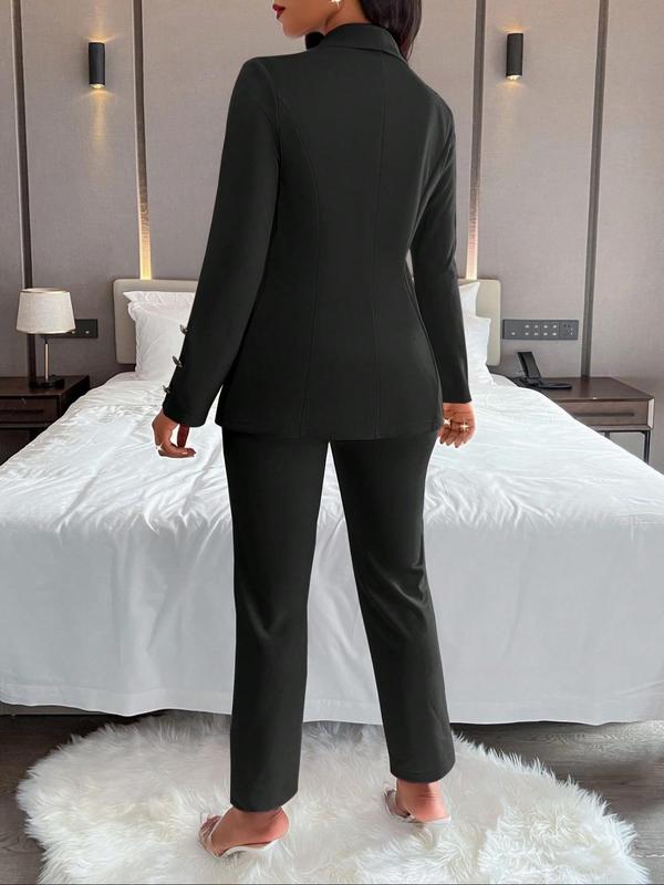 Women's Solid Double Button Blazer & Pants Two-piece Set, Elegant Lapel Neck Long Sleeve Outerwear & Trousers for Work Office Business, Ladies Fall & Winter Clothes