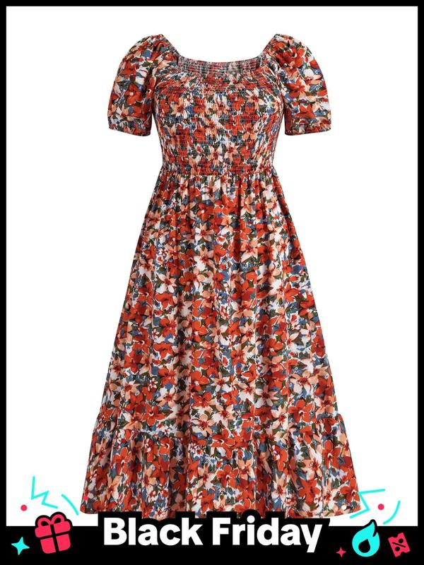  Frenchy Style Ditsy Floral Print Puff Sleeve A Line Maxi Vintage Dress, Square Neck Shirred Dress, Back To School Outfits, Summer Dresses 2024, Dresses for Women, Plus Size Women's Clothing,  Plus Size Fall Clothing