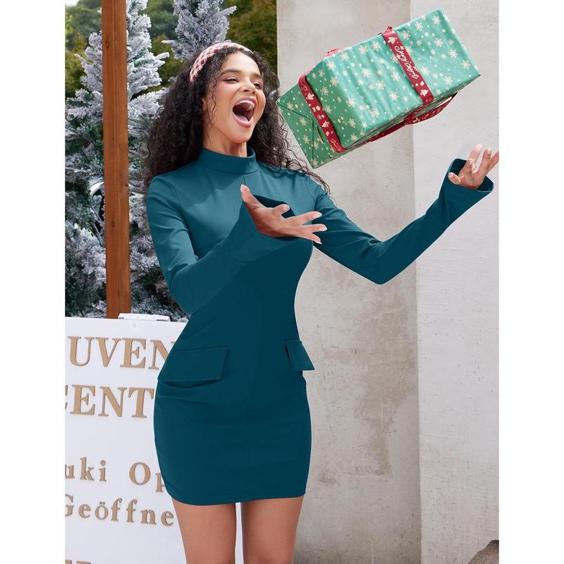 Women's Long Sleeve Mock Turtle Neck Bodycon Mini Tank Short Party Dress