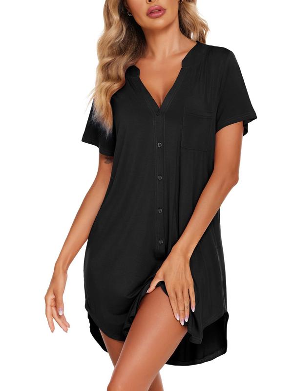 Women's Plain Button Pocket V Neck Nightdress, Casual Short Sleeve Nightgown for Summer, Soft Comfy Sleepwear for Women