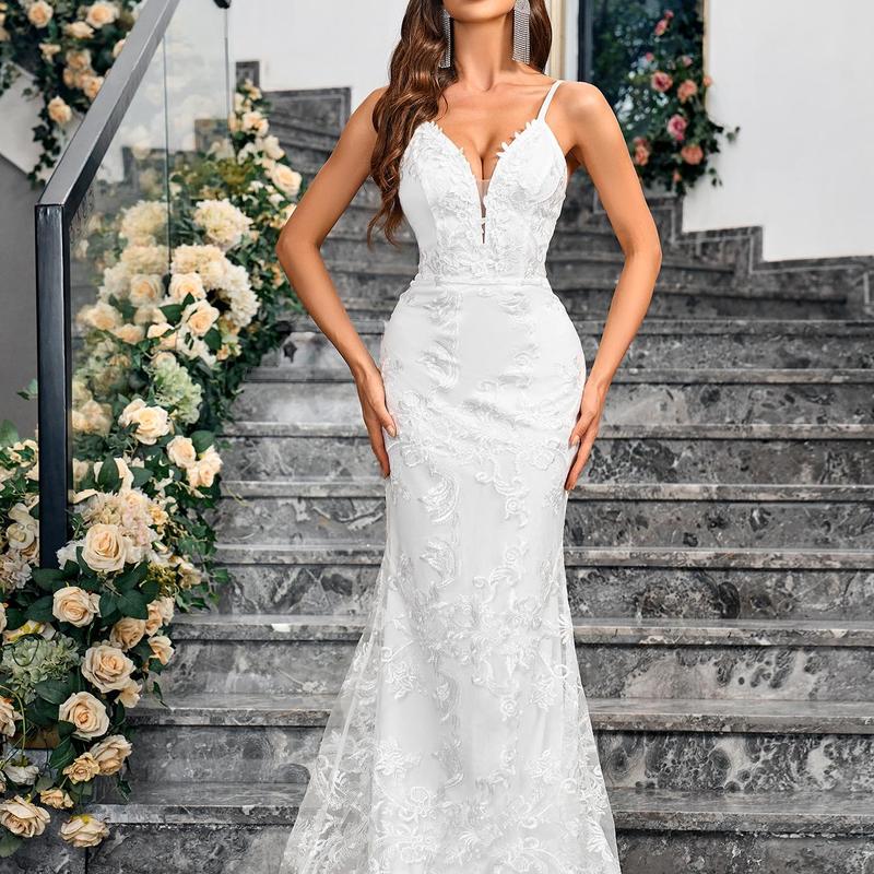 Ladies Sleeveless Camisole V-neck Sequined Mermaid White Wedding Dress Backless Lace Floor Length Evening Gown Sweetheart Sequin Women's Sexy Fabric Fashion Formal Spaghetti Strap Formal Spaghetti Strap Formal Spaghetti Strap