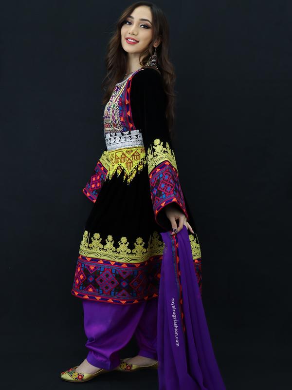 Purple And Black Velvet Gand E Afghani With Handmade Yellow Chirma #2008