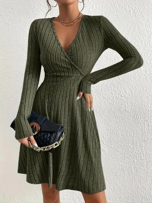 Women's Plain V Neck Wrap A Line Dress, Homecoming Dresses, Elegant Long Sleeve Surplice Neck Dress for Fall & Winter, Ladies Clothes for Daily Vacation Party, Fall Outfits, Fallfreshness Clothes