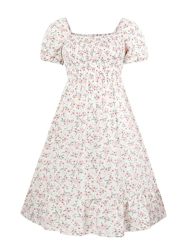  Frenchy Style Ditsy Floral Print Puff Sleeve A Line Maxi Vintage Dress, Square Neck Shirred Dress, Back To School Outfits, Summer Dresses 2024, Dresses for Women, Plus Size Women's Clothing,  Plus Size Fall Clothing