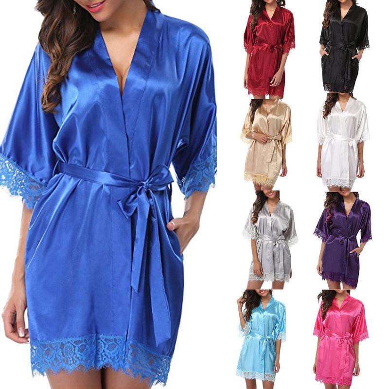 Women's Night Robes, Medium Sleeve Lace Smooth Robes, Bridesmaid Bridal Party Satin Robes, Sleepwear with Removable Waist Belt Satin Belted Loungewear