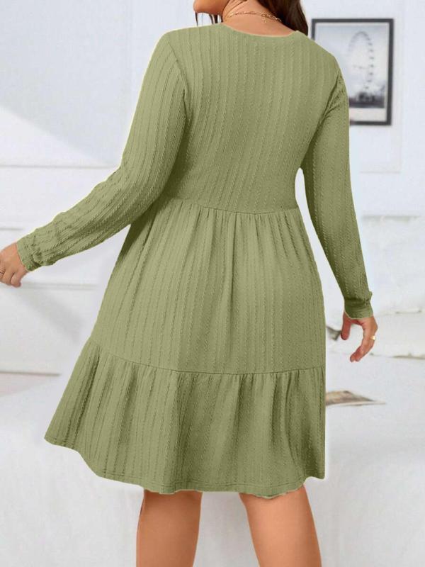 Plus Size Textured Ruffle Hem Pocket A Line Dresses for Women, Elegant Long Sleeve Round Neck Dress for Fall & Winter, Dresses for Women, Birthday Dresses 2024, Gift Set, Plus Size Women's Clothing for Daily Vacation Party