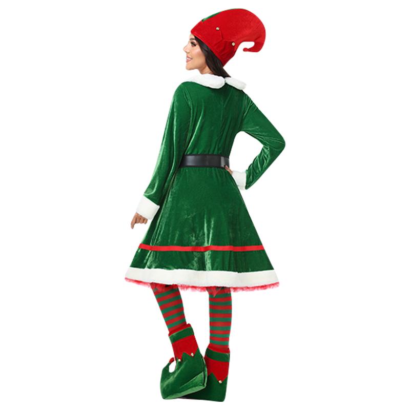 Women Christmas Elf Costume Set Velvet Dress Belt Striped Over Knee High Socks Elf Hat Shoes for Cosplay Skirt + Belt