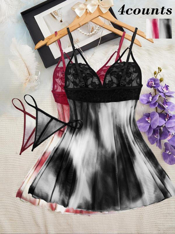 Women's Tie Dye Print Tulle Contrast Lace Cami Nightdress & Thong Set, Casual Soft Comfortable Cut Out V Neck Sleeveless Nightgown & Panty Set, Ladies Sleepwear for All Seasons