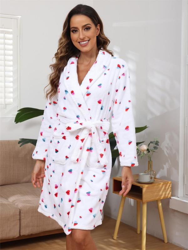 Fall Women's Floral Strawberry Print Wrapped Belted Flannel Lounge Robe, Fall Wear, Fallfreshness Casual Pocket Shawl Collar Thermal Robe, Fluffy Pajamas, Women's Fall & Winter Soft Pj for Homewear, Fall Wear for Women