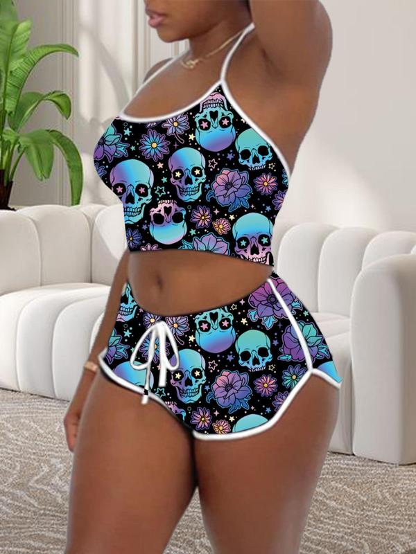 Women's Christmas Skeleton Print Contrast Binding Halter Neck Crop Top & Elastic Waist Shorts Loungewear Two-piece Set, Casual Comfy Halloween Themed Backless Top & Tie Front Shorts PJ Set, Ladies Sleepwear for Summer