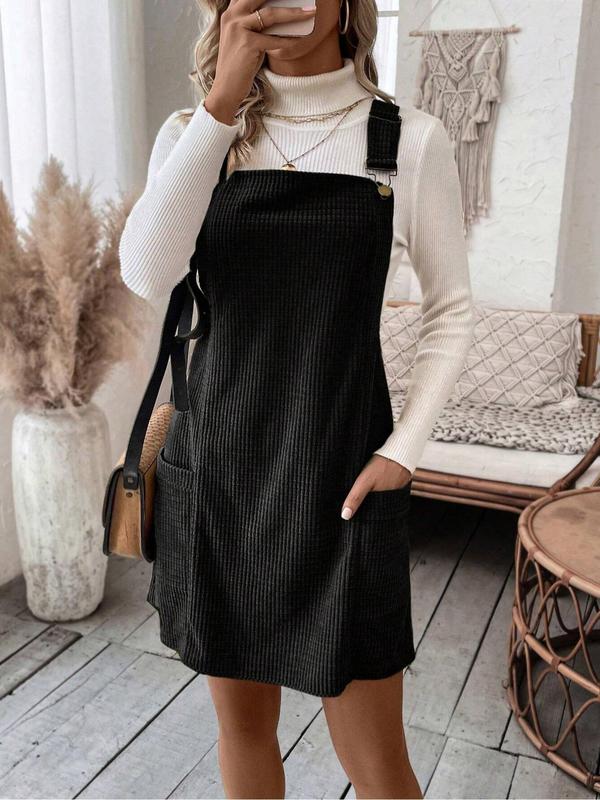 Women's Solid Color Adjustable Strap Pinafore Dress, Elegant Fashion Casual Pocket Design Short Dress for Daily Outdoor Wear, Casual Wear Ladies Dress for All Seasons