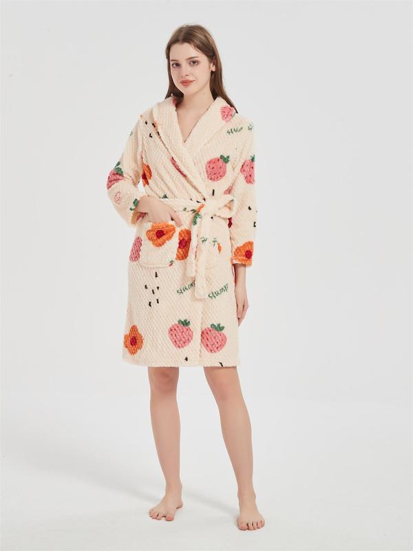 Fall Women's Floral Strawberry Print Wrapped Belted Flannel Lounge Robe, Fall Wear, Fallfreshness Casual Pocket Shawl Collar Thermal Robe, Fluffy Pajamas, Women's Fall & Winter Soft Pj for Homewear, Fall Wear for Women