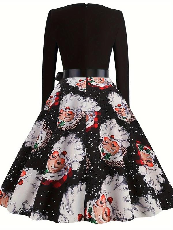 Women's Christmas Santa Claus Patchwork Print Bow Decor Scallop Trim A Line Dress, Casual V Neck Zipper Long Sleeve Dress for Party Holiday, Ladies Spring & Fall Clothes