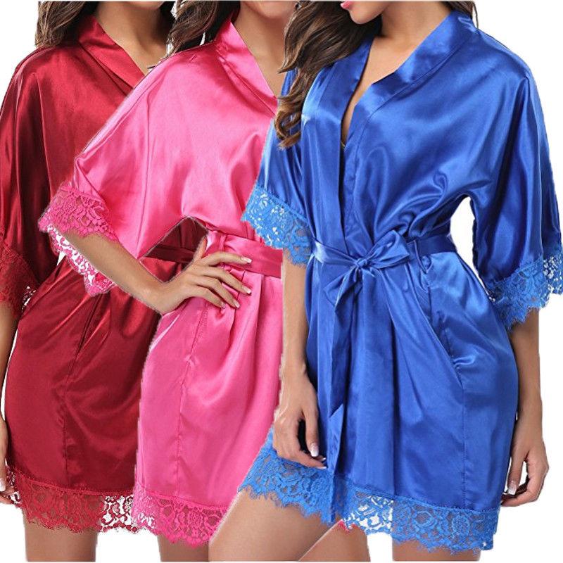 Women's Night Robes, Medium Sleeve Lace Smooth Robes, Bridesmaid Bridal Party Satin Robes, Sleepwear with Removable Waist Belt Satin Belted Loungewear