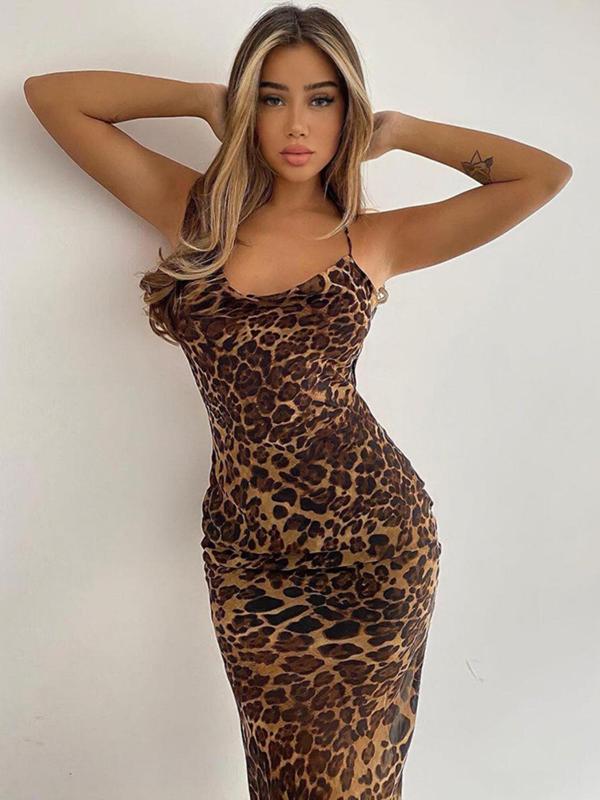 Women's Leopard Print Criss Cross Backless Cami Mermaid Dress, Fashion Sleeveless Tie Back Long Dress For Party Club Dating Wear, Sundress, Bodycon Dresses for Women, Ladies Summer Clothes Black Girl Outfits