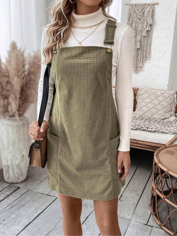 Women's Solid Color Adjustable Strap Pinafore Dress, Elegant Fashion Casual Pocket Design Short Dress for Daily Outdoor Wear, Casual Wear Ladies Dress for All Seasons