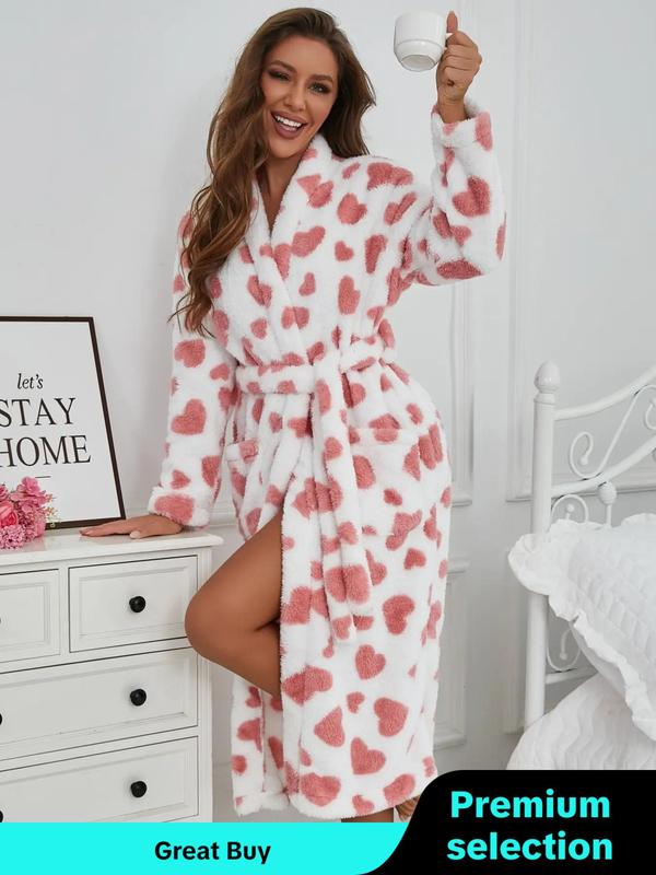 Women's Heart Print Belted Pocket Lounge Robe, Casual Long Sleeve V Neck Warm Robe, Ladies Sleepwear for Fall & Winter