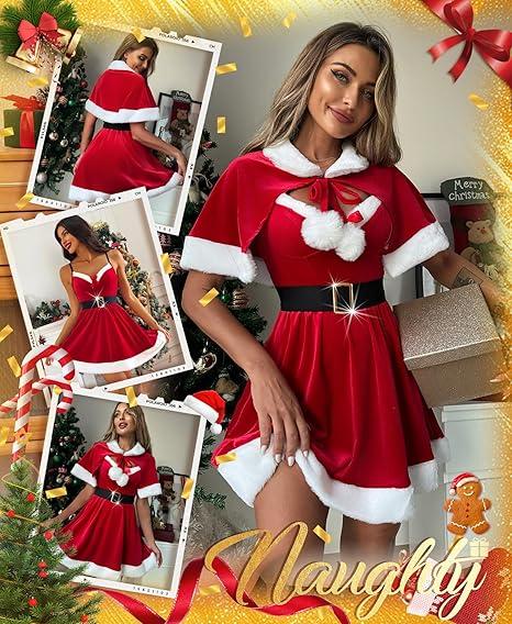 RSLOVE Sexy Christmas Outfits for Women - Mrs Santa Claus Costume with Cape and Belt 3Pcs Xmas Velvet Santa Babydoll