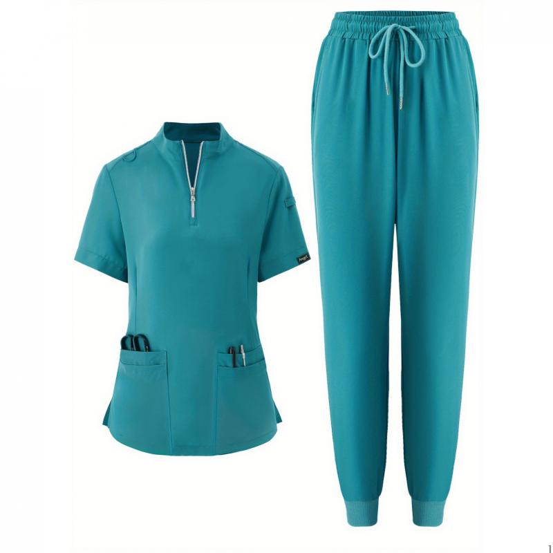 two-piece Elegant Two-Piece Scrub Set for Women: Short Sleeve Top & Drawstring Pants for  & Healthcare Professionals