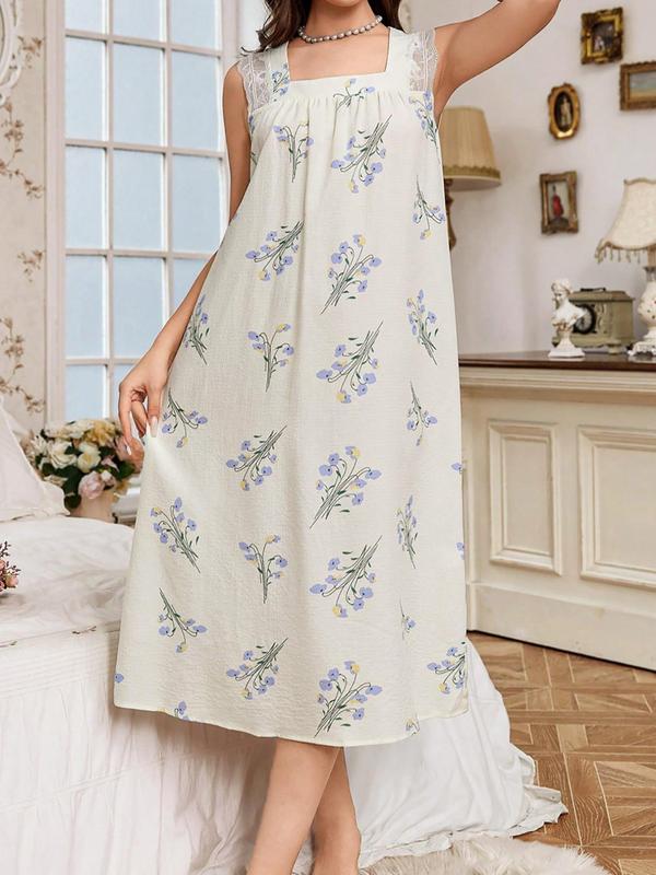 Women's Floral Print Contrast Lace Square Neck Nightdress, Casual Soft Comfortable Sleeveless Nightgown for All Seasons, Ladies Sleepwear for Indoor Wear