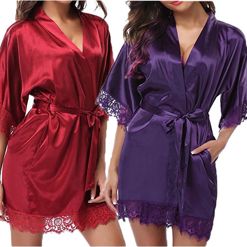 Women's Night Robes, Medium Sleeve Lace Smooth Robes, Bridesmaid Bridal Party Satin Robes, Sleepwear with Removable Waist Belt Satin Belted Loungewear