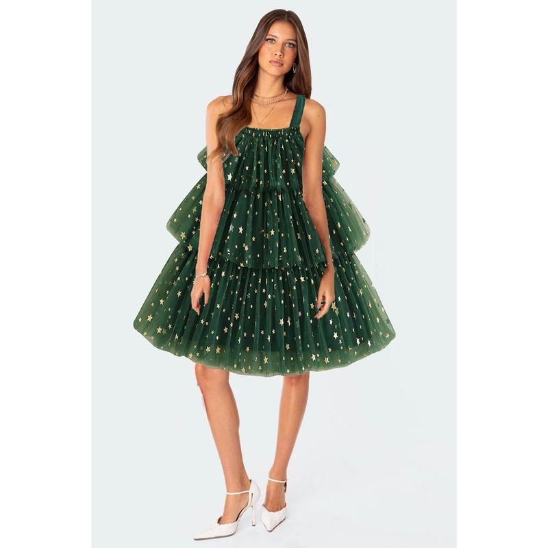 Women Christmas Tree Dress Sleeveless Sequin Layered Tulle Tutu Dress Christmas Xmas Tree Green Dresses Casual Womenswear Fit Forest Style Twist Comfort