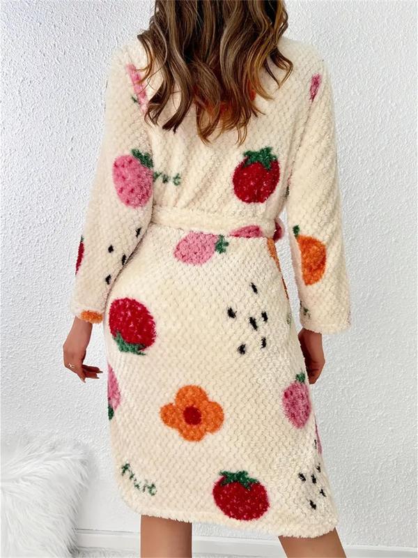 Women's Floral & Fruits Print Textured Pocket Bathrobe, Casual Long Sleeve Shawl Collar Neckline Dressing Gown, Women's Sleepwear for Fall & Winter