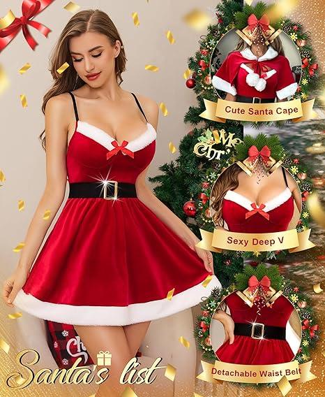 RSLOVE Sexy Christmas Outfits for Women - Mrs Santa Claus Costume with Cape and Belt 3Pcs Xmas Velvet Santa Babydoll