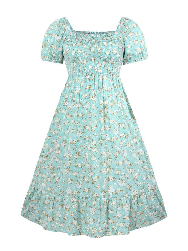  Frenchy Style Ditsy Floral Print Puff Sleeve A Line Maxi Vintage Dress, Square Neck Shirred Dress, Back To School Outfits, Summer Dresses 2024, Dresses for Women, Plus Size Women's Clothing,  Plus Size Fall Clothing