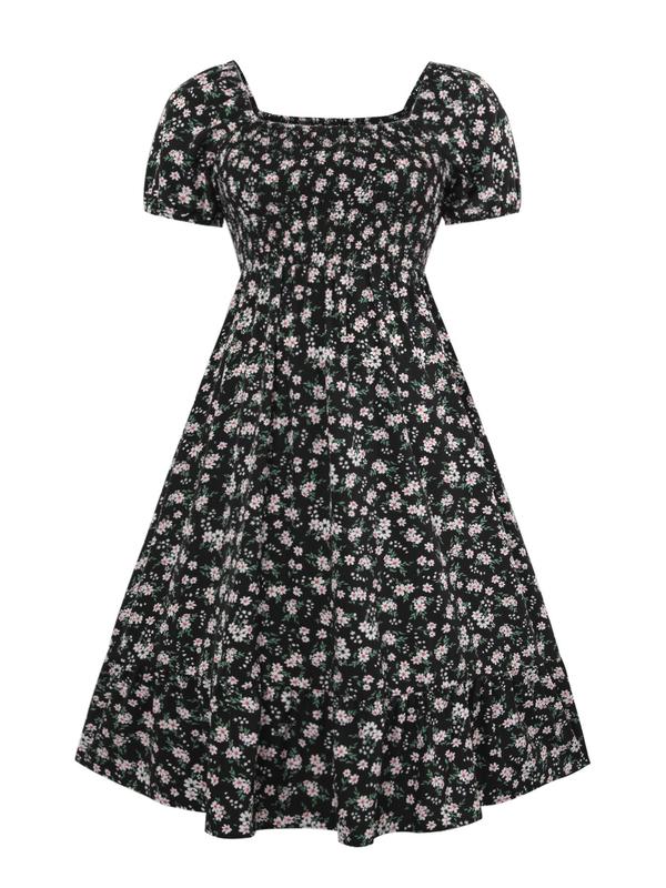  Frenchy Style Ditsy Floral Print Puff Sleeve A Line Maxi Vintage Dress, Square Neck Shirred Dress, Back To School Outfits, Summer Dresses 2024, Dresses for Women, Plus Size Women's Clothing,  Plus Size Fall Clothing