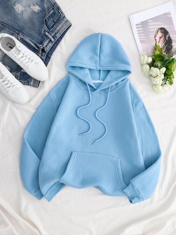 Women's Plain Drawstring Pocket Drop Shoulder Hoodie, Comfort Basic Womenswear Pullover for Lady, Long Sleeve Hooded Sweatshirt for Daily Wear School Outfits