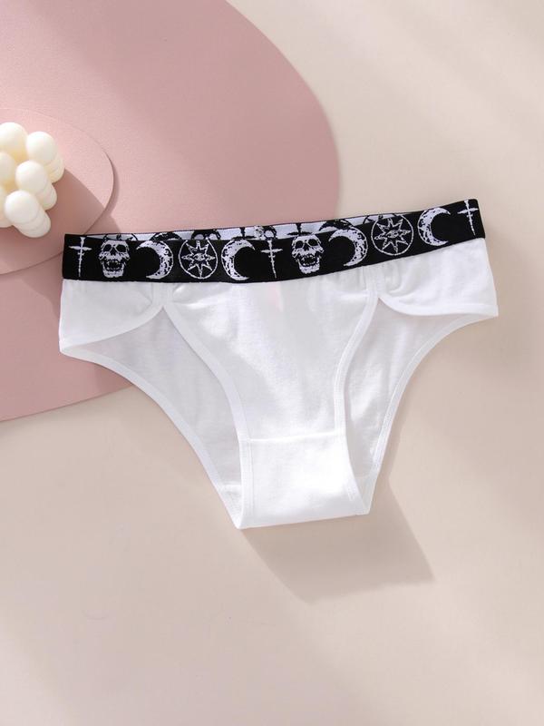 Women's 3pcs Moon & Skull Print Contrast Binding Knicker, Casual Comfy Breathable Panty for Daily Wear, Underwear for All Seasons