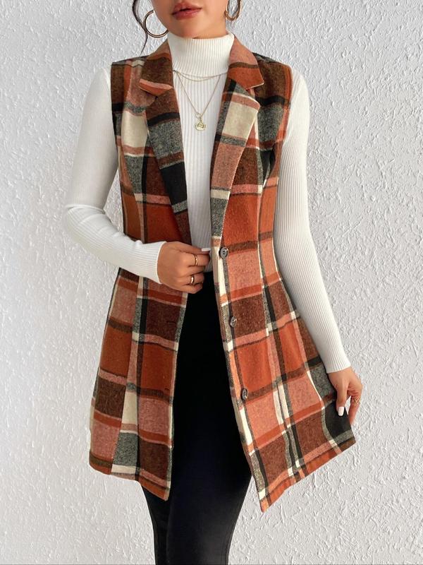 Women's Plaid Print Button Front Lapel Neck Waistcoat without Sweater, Casual Elegant Outerwear for Fall & Winter, Winter Coats, Women's Clothing for Daily Wear, Please Purchase A Size Up