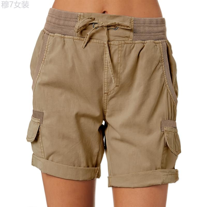 Drawstring Cargo Shorts, Casual High Waist Wide Leg Summer Shorts With Pockets, Women's Clothing Fabric Womenswear