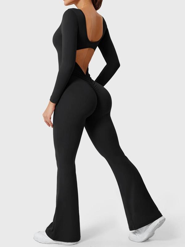 Women's Solid Backless Scoop Neck Flare Leg Sports Jumpsuit, Casual Exercise Comfy High Stretch Seamless Bell Bottom Jumpsuit for Yoga Gym Workout,  Jumpsuit for Women, Ladies Sportswear for All Seasons