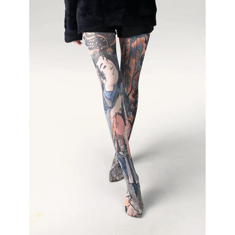 Women's Graffiti Printed Tights Butterfly Lattice Seamless Pantyhose Female Sexy Stretch Long Socks High Waist Stockings 2024