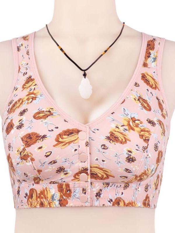 Women's Floral Print Button Front Wireless Bra, Casual Comfortable Breathable Bra for Daily Wear, Women's Lingerie for All Seasons