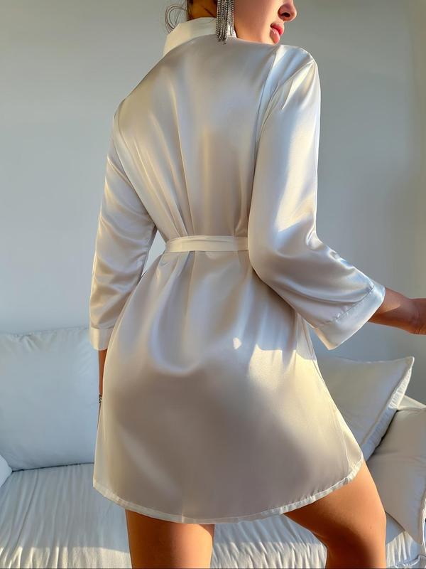 Women's Solid Belted Wrap Satin Lounge Robe, Casual Long Sleeve V Neck Lounge Robe, Ladies Sleepwear for All Seasons