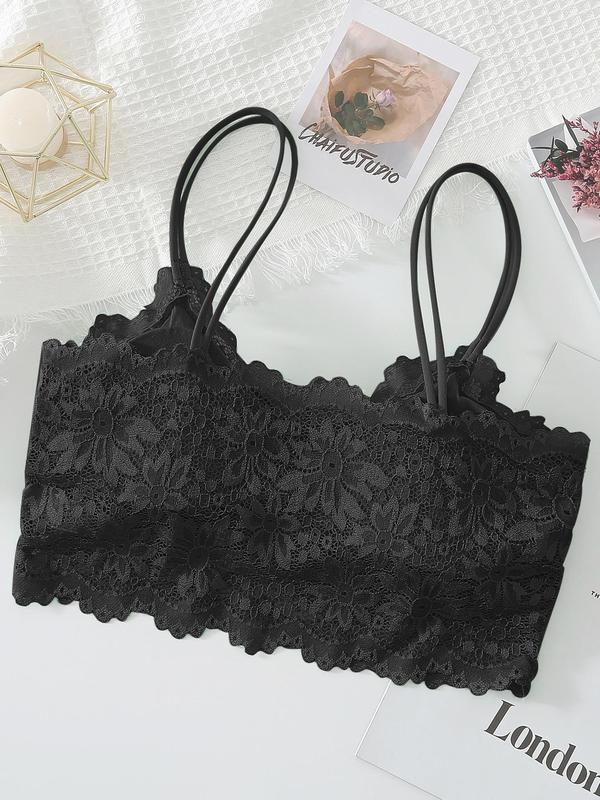 Women's Double Straps Wireless Lace Bra, Scallop Trim Push Up Lingerie Top, Summer Bralette for Daily Wear, Summer Wear 2024 90S Clothes